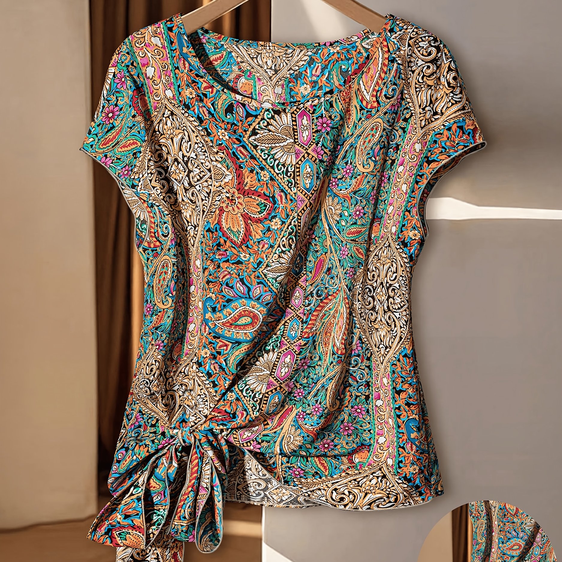 TEMU Bluzka bez Rękawów z Tropikalnym Wzorem dla Kobiet - Asymetryczny Dekolt, Okrągły Dekolt i Wiązanie na Przedzie, Lekki Top Letni do Plaży i