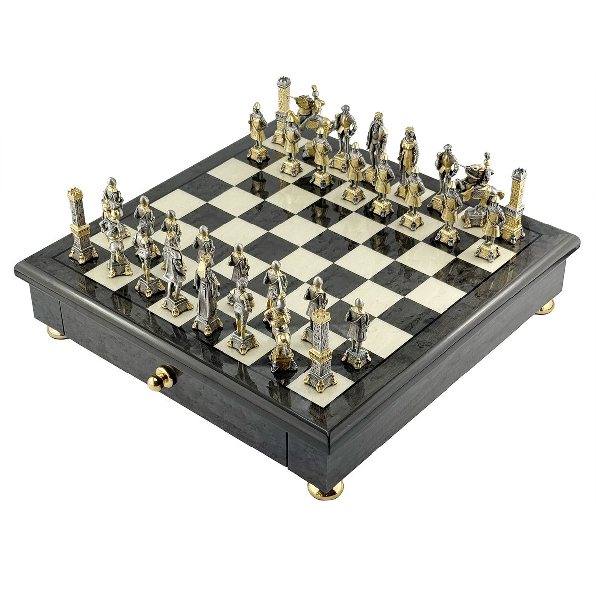 Szachy Średniowieczne Italfama 32x32cm Brąz+Złoto 24K+Srebro 925 Król 6.6cm