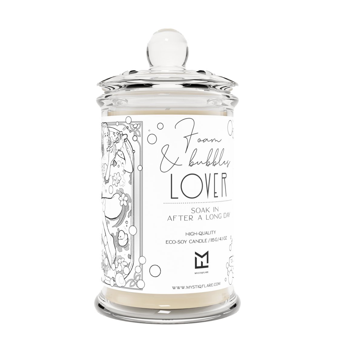Mystiq Flare – Foam & Bubbles Lover – Soak In After A Long Day Naturalna Świeca Sojowa Z Ilustracją Secesyjną