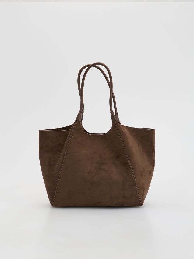 Reserved - Torebka shopper z imitacji zamszu - ciemnobrązowy