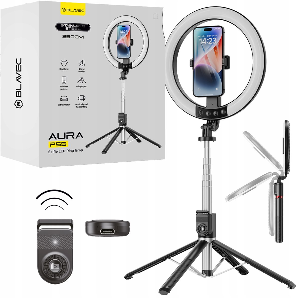 Mocna Lampa Pierścieniowa Selfie Stick Ring 25cm LED kijek statyw 230 cm