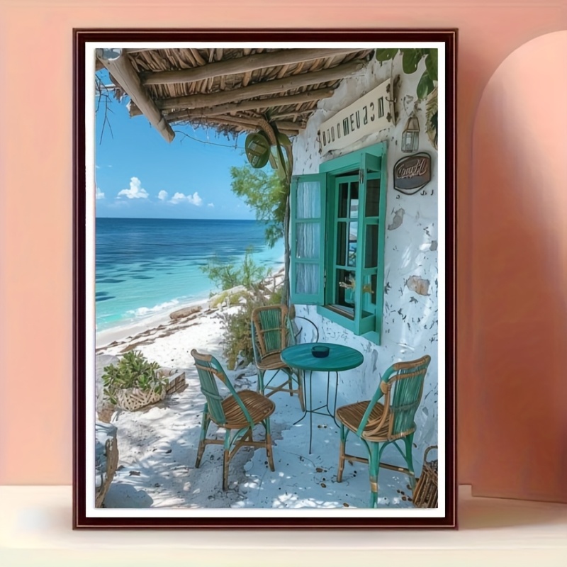 TEMU 5D Kit do malowania diamentów - Scenic z błękitną wodą i białym piaskiem, duże okrągłe diamenty, DIY Home Decor do wystawienia na ścianie lub na