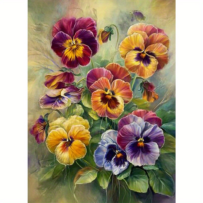 TEMU 1 szt. 11,8 x 15,8 cala Zestaw do malowania diamentów Pansy - Pełne pokrycie, okrągły płótno z kolorowymi kwiatami i zielonymi liśćmi, zawiera