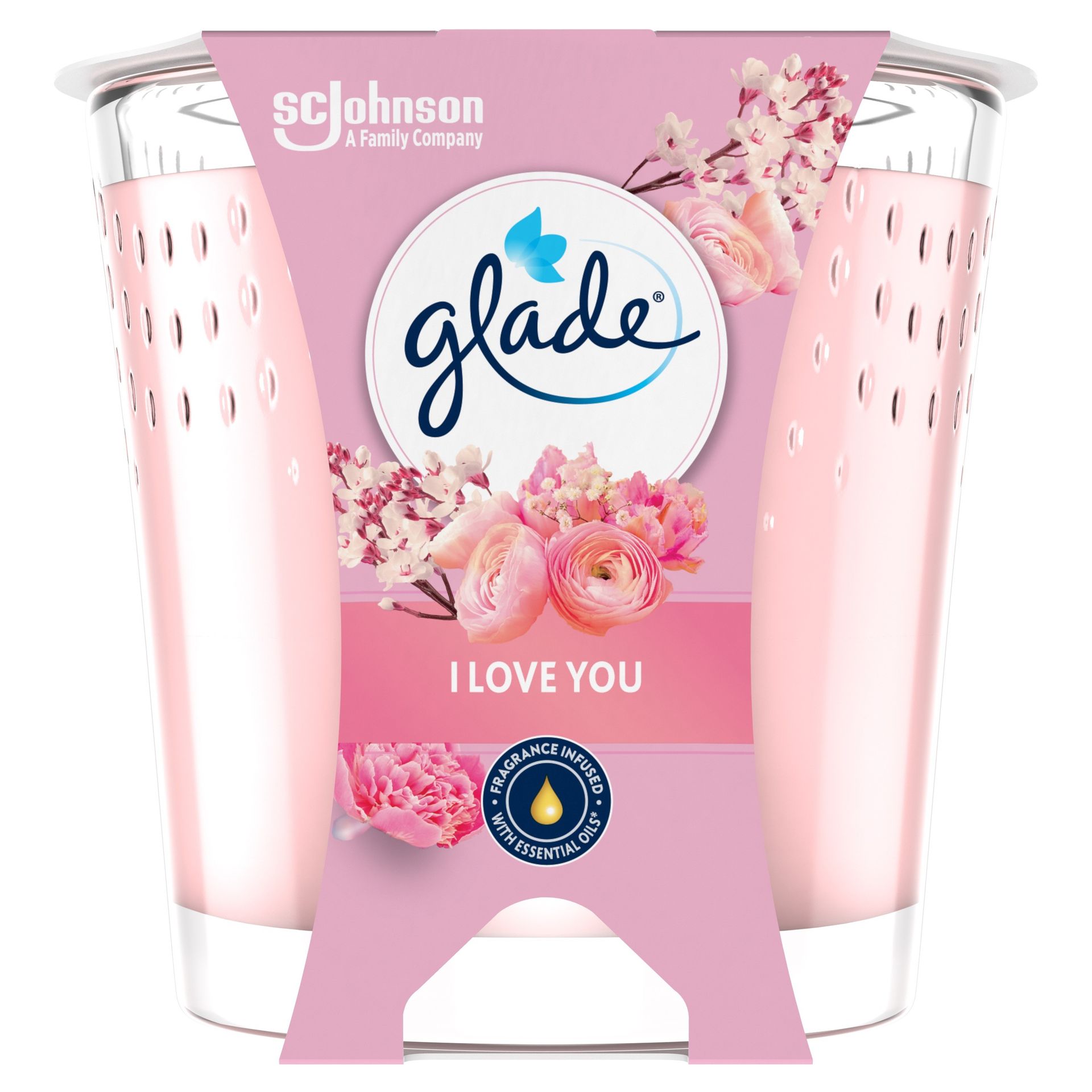 Różana świeca zapachowa z olejkami eterycznymi Glade I love you 112 g