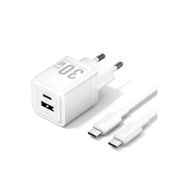 Ładowarka sieciowa z kablem USB-C 2 porty USB-C + USB-A GaN biała