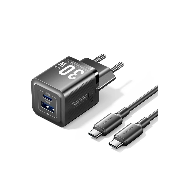 Ładowarka sieciowa z kablem USB-C 2 porty USB-C + USB-A GaN czarna