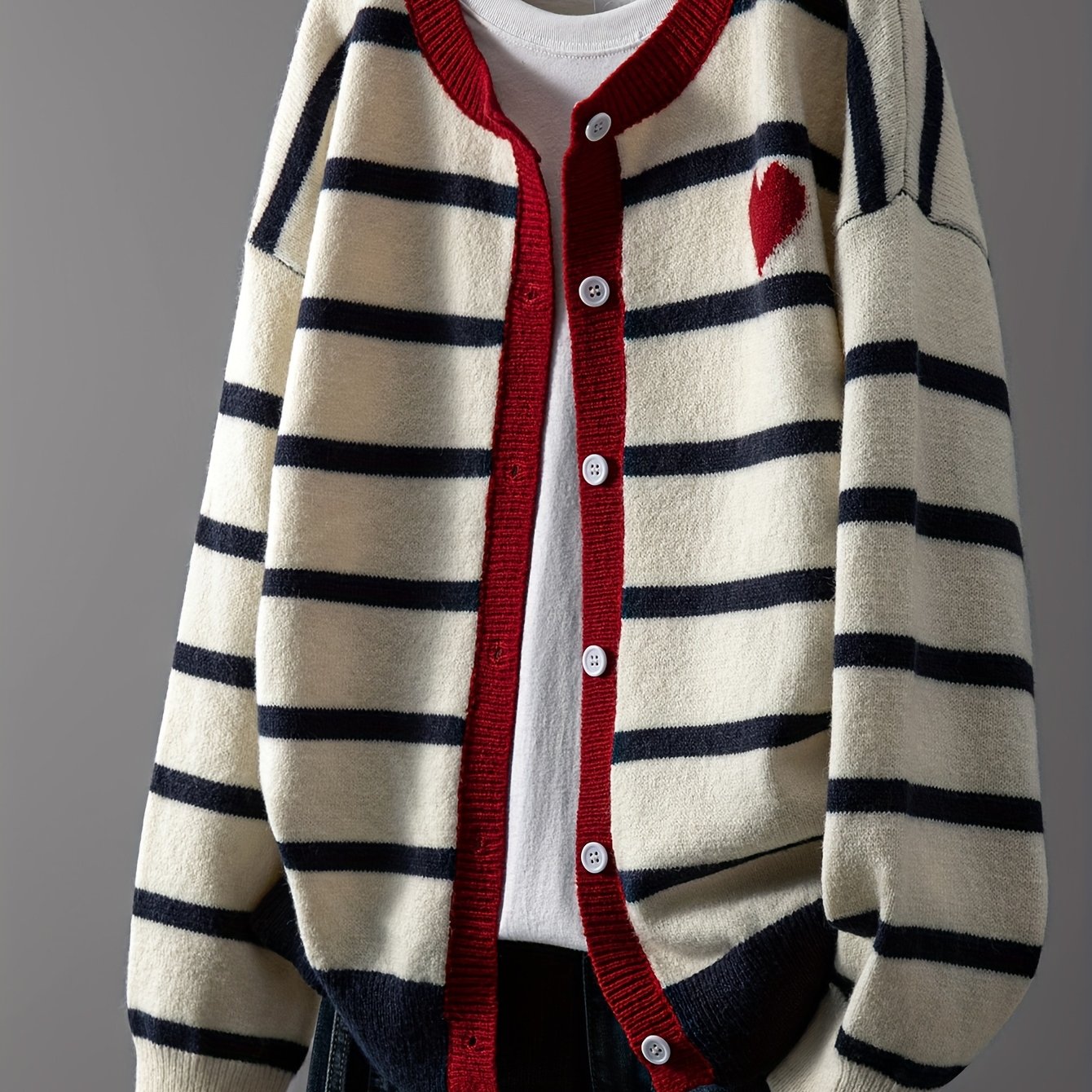 TEMU Modny Kardigan w Paski z Detalem - Beżowy i Granatowy, Długi Rękaw, Zapinany na Guziki, Idealny na Jesień/Zimę, Moda Damska, Styl Casual,