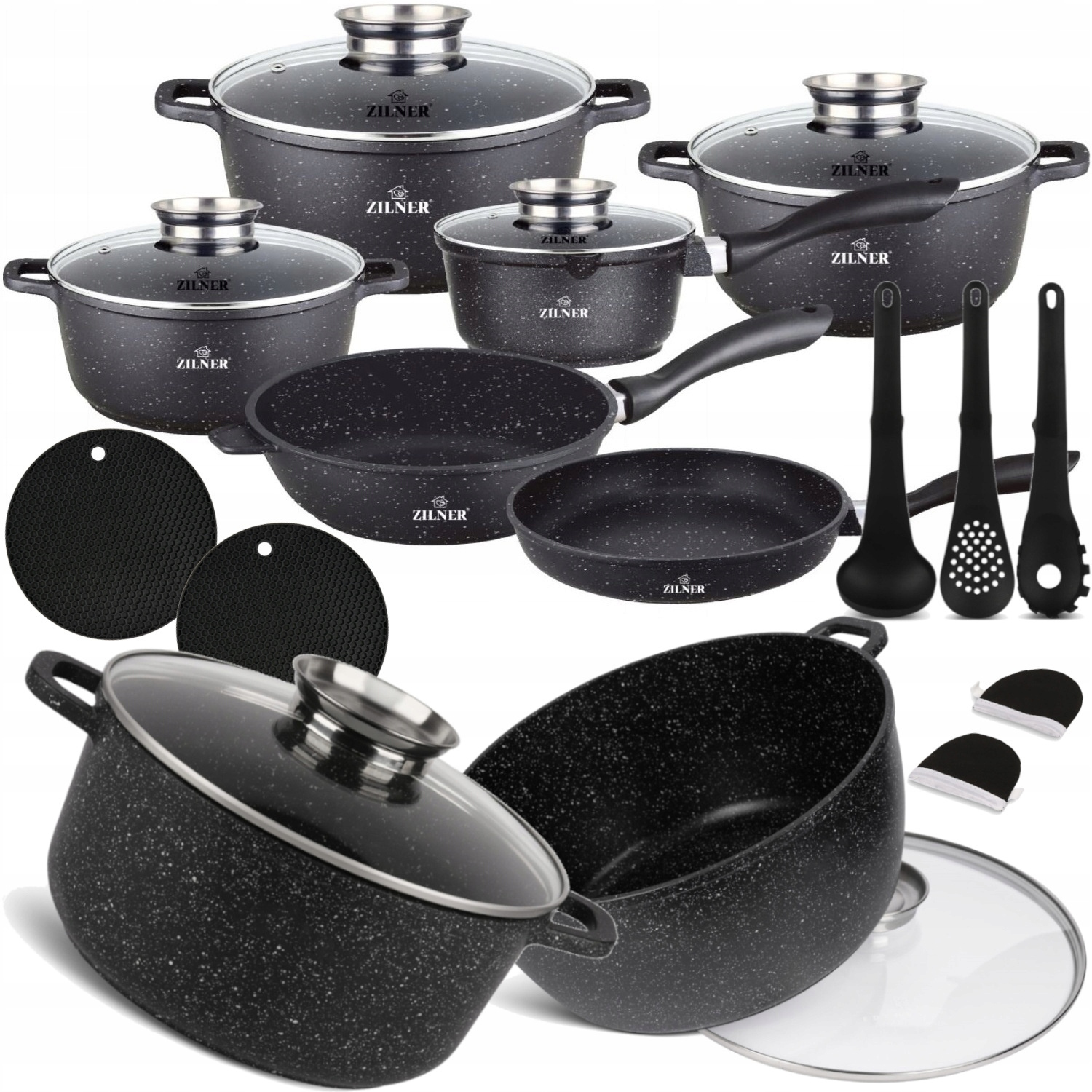 TEMU Zestaw Garnków Kuchennych Marmurowych 17 el. Zestaw Garnków do Gotowania i Smażenia Patelnie Indukcja Gaz Garnek Kuchenny Patelnia