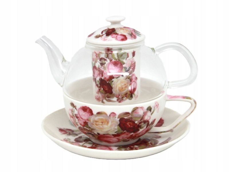 Elegancki komplet filiżanka+dzbanuszek z zaparzaczem tea for one - róża