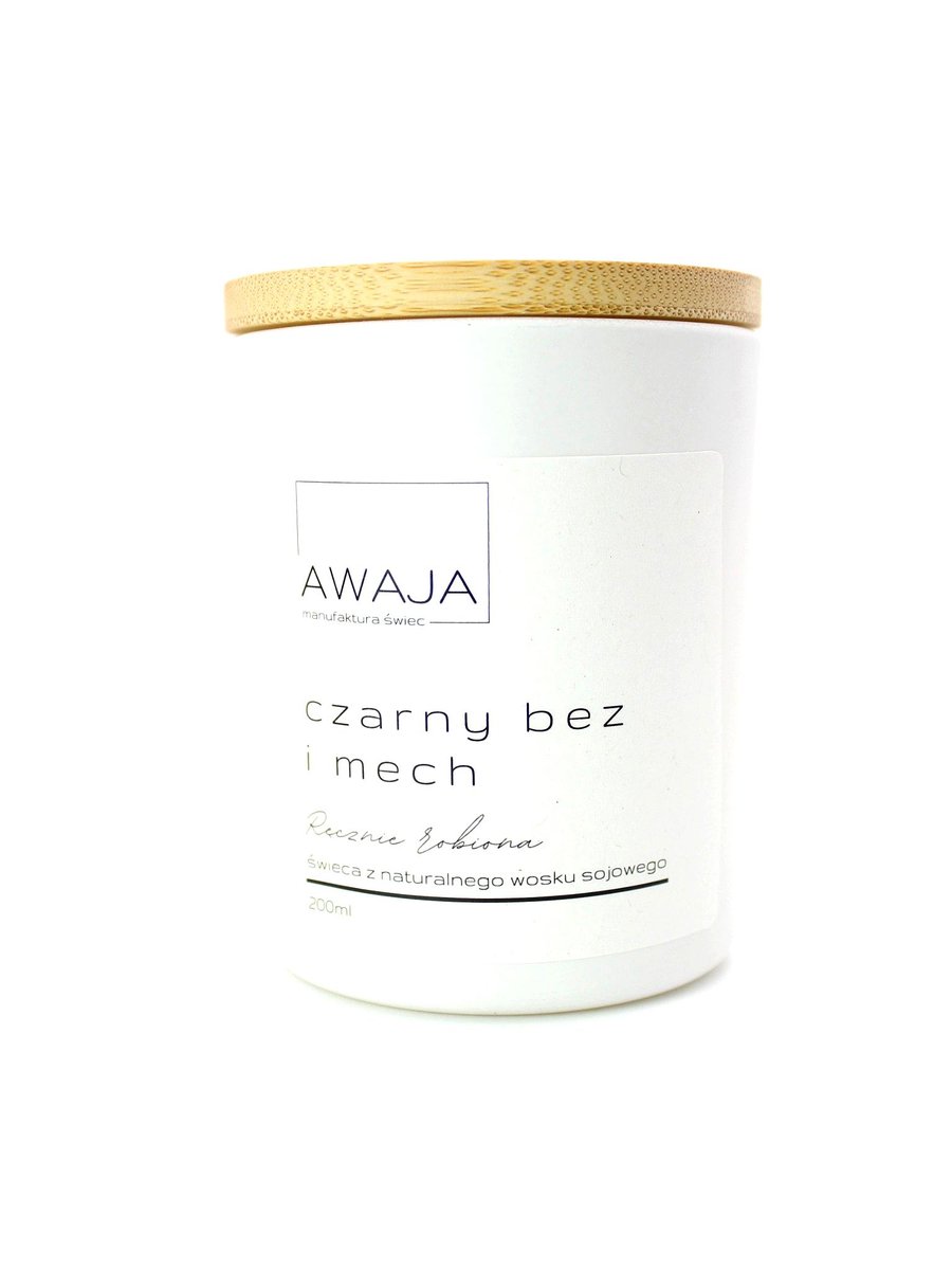 Świeca sojowa czarny bez i mech – biała, zapachowa, handmade, prezent