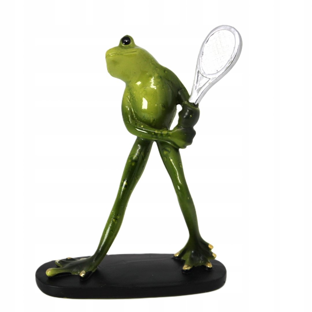 FIGURKA DEKORACYJNA ZIELONA ŻABA Z RAKIETĄ DO TENISA NA PREZENT
