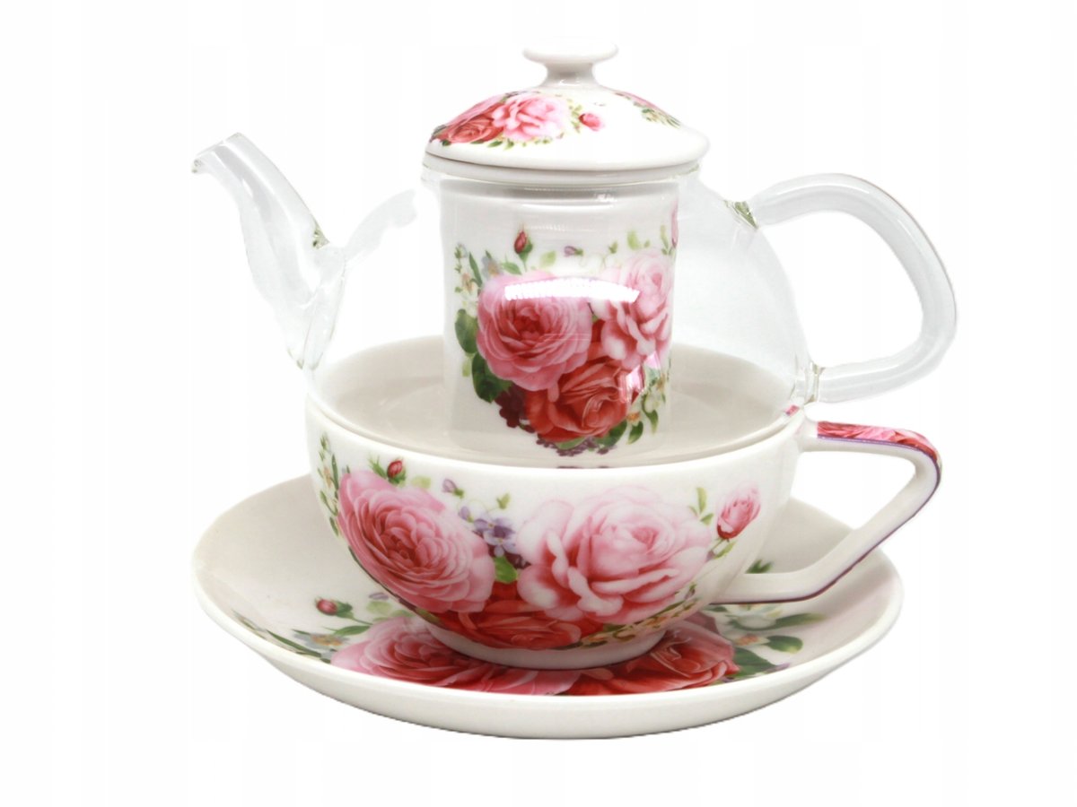 Elegancki komplet filiżanka+dzbanuszek z zaparzaczem tea for one - róża