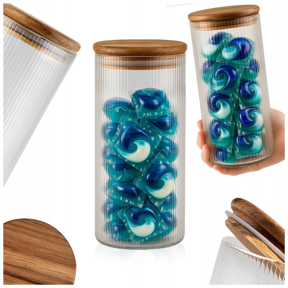 SZKLANY POJEMNIK 720 ml z DREWNIANĄ POKRYWKĄ ORGANIZER na ŻYWNOŚĆ KAWĘ MAKĘ