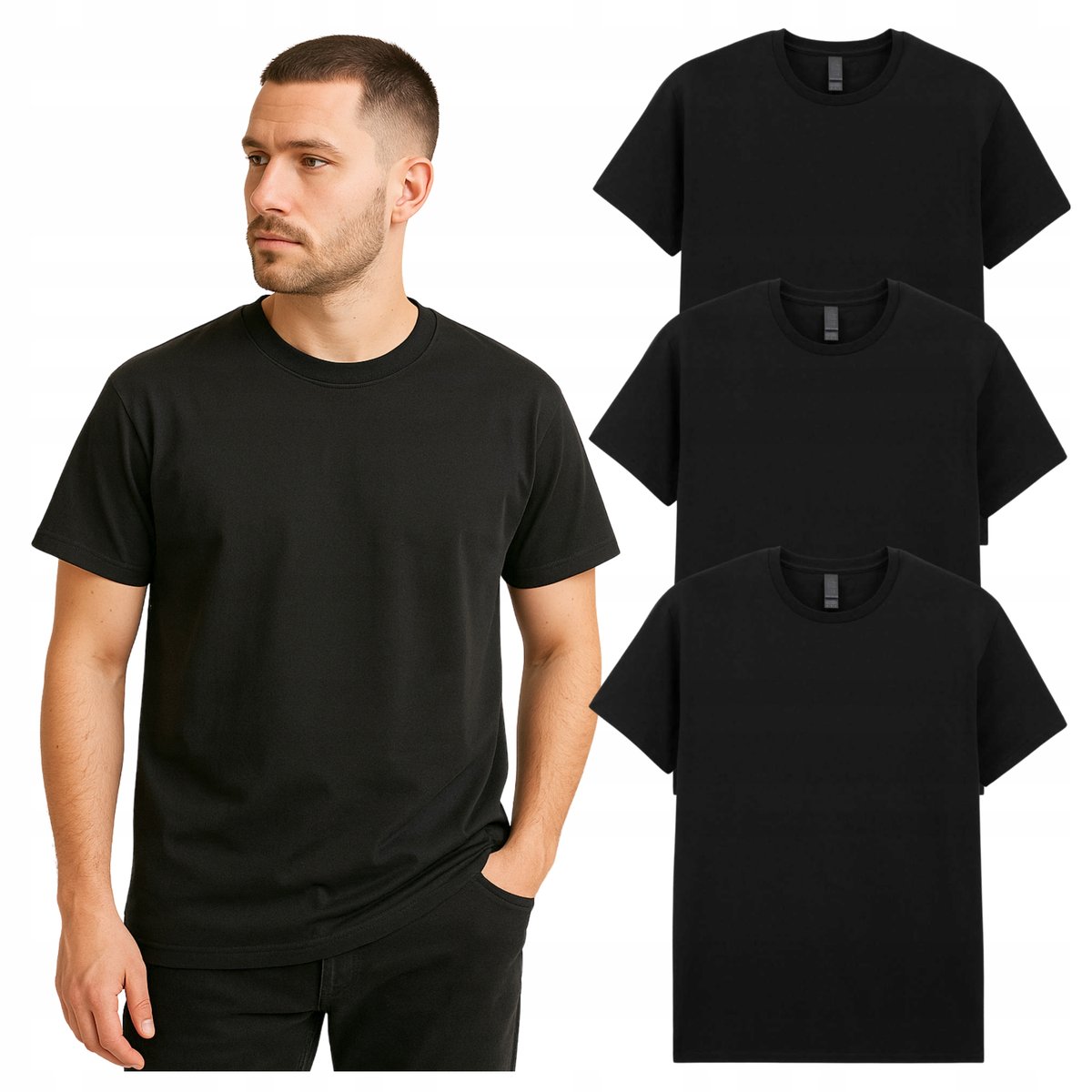 T-SHIRT Koszulka męska czarna robocza Krótki Rękaw Bawełna ZESTAW 3 pak