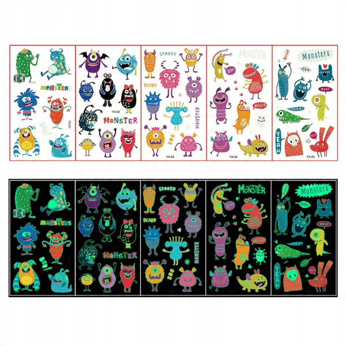 TATUAŻE DLA DZIECI 5 SZT ŚWIECĄCE W CIEMNOŚCI ZMYWALNE MONSTER POTWORY