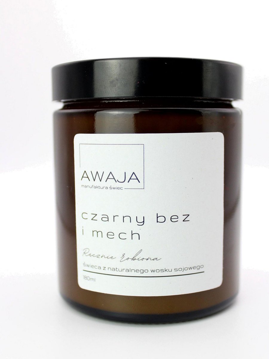 Świeca sojowa czarny bez i mech – zapachowa, handmade, 180ml, prezent