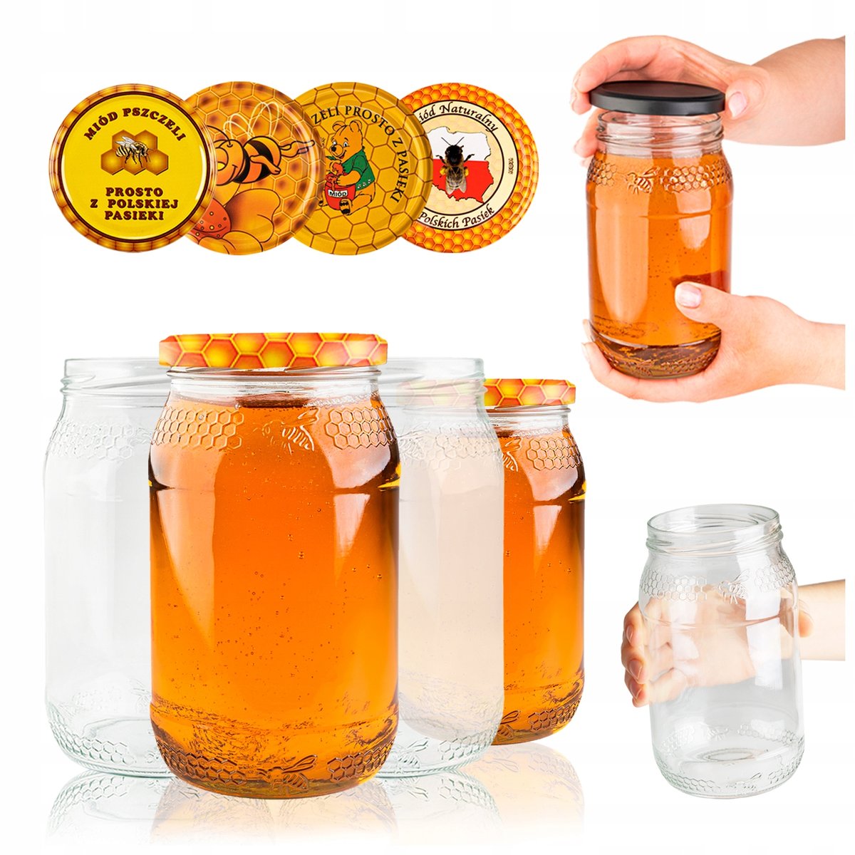 ZESTAW 30x SŁOIKI SŁOJE 900 ML PLASTER MIODU + ZAKRĘTKI NA MIÓD NALEWKI SOK