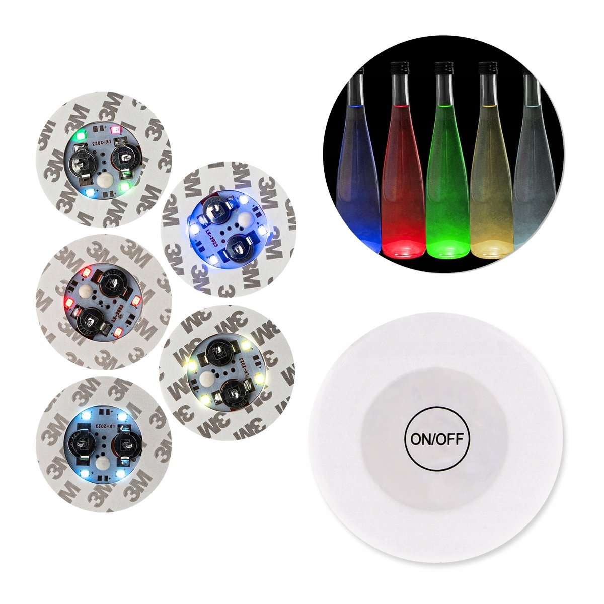 5x NAKLEJKA LED PODKŁADKA pod SZKLANKI BUTELKI KIELISZKI PODSTAWKA KOLOROWA