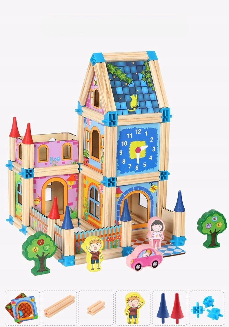 DREWNIANE KLOCKI KONSTRUKCYJNE 128 EL PREZENT DLA DZIECI DIY 3+ ZESTAW