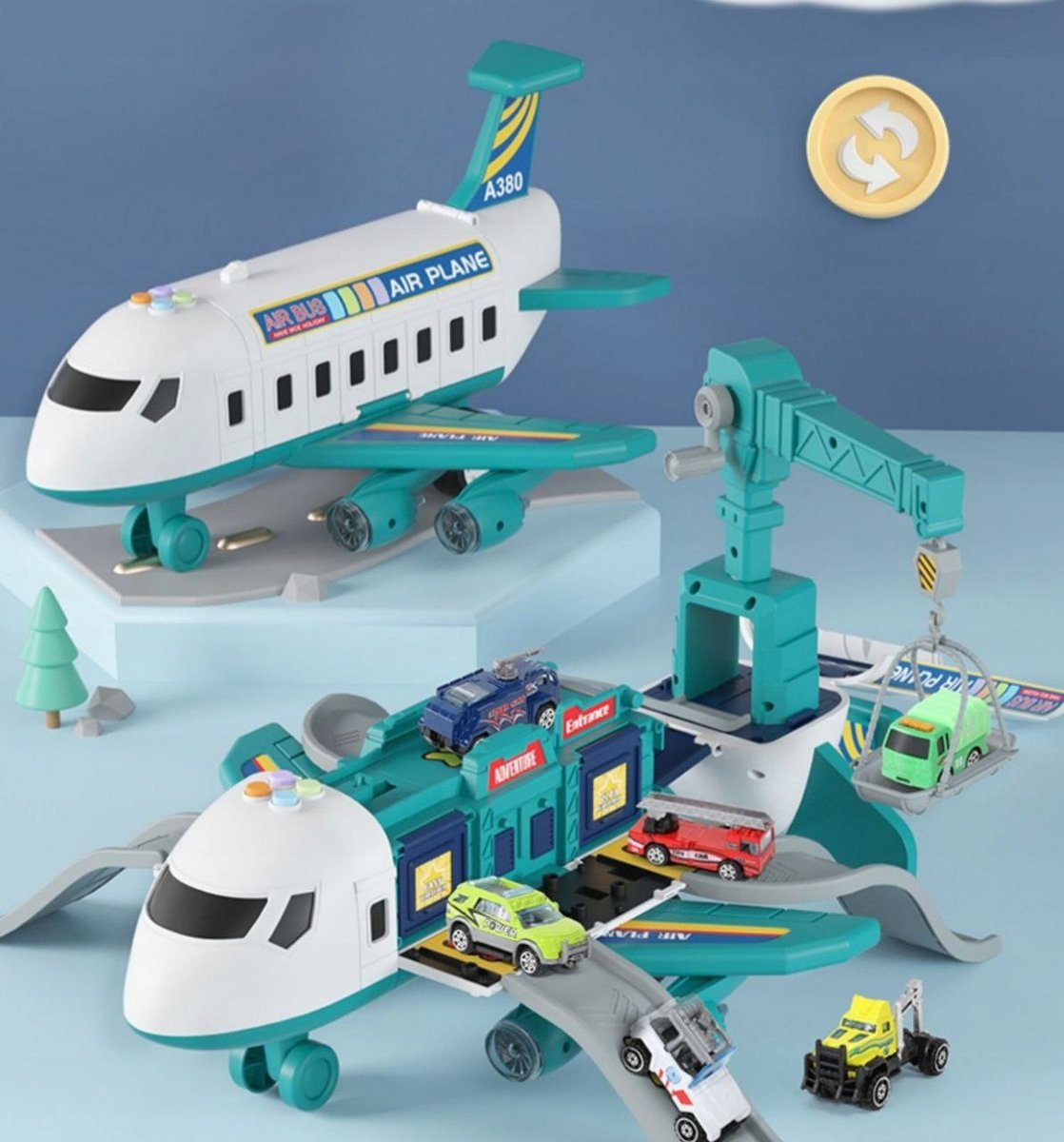 SAMOLOT TRANSPORTOWY CARGO Z POJAZDAMI NIEBESKI ZESTAW PREZENT DLA DZIECI