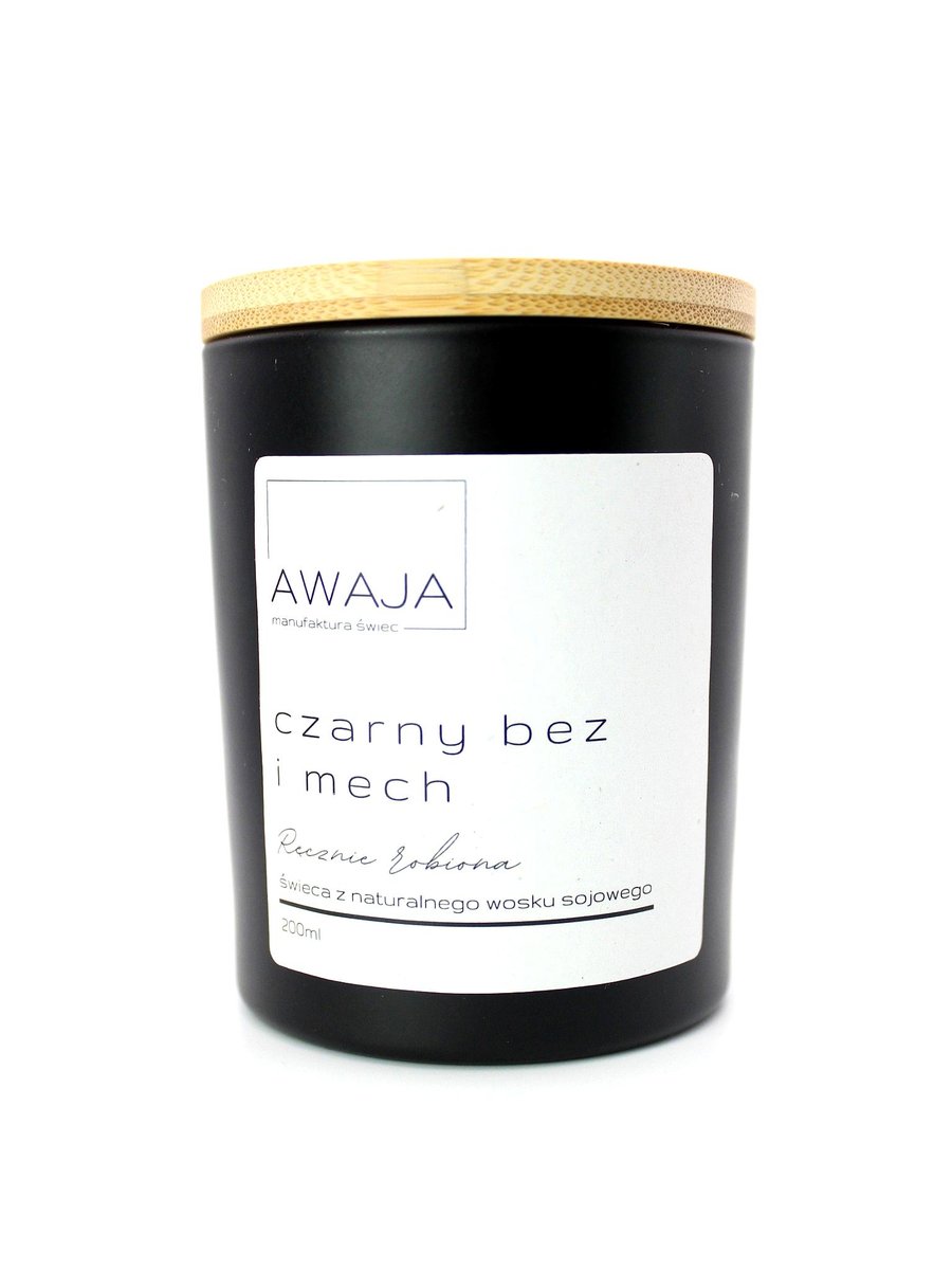 Świeca sojowa czarny bez i mech – czarna, zapachowa, handmade, prezent