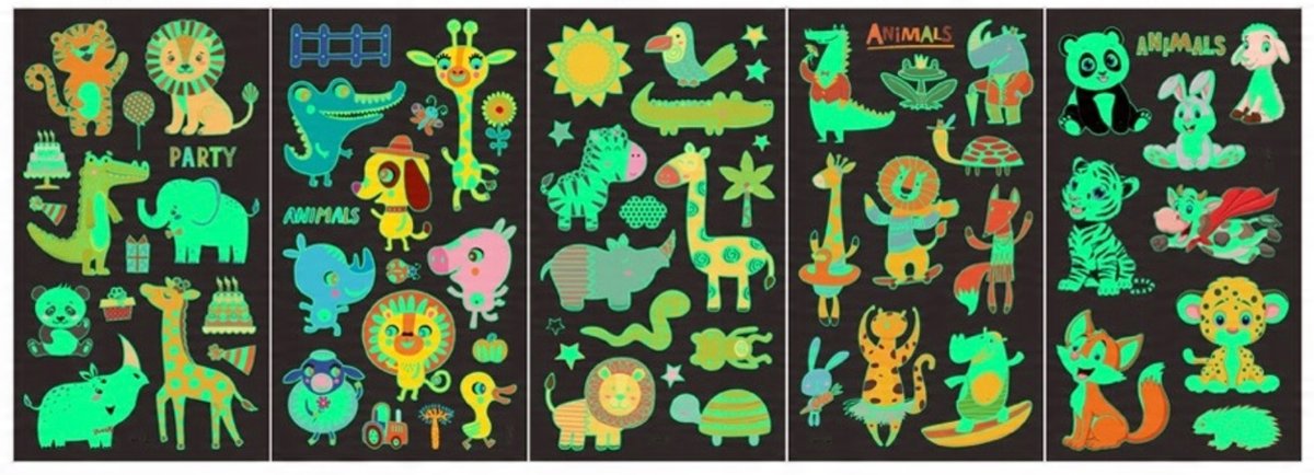 Tatuaże zmywalne dla dzieci świecące w ciemności zoo zwierzątka 5 szt