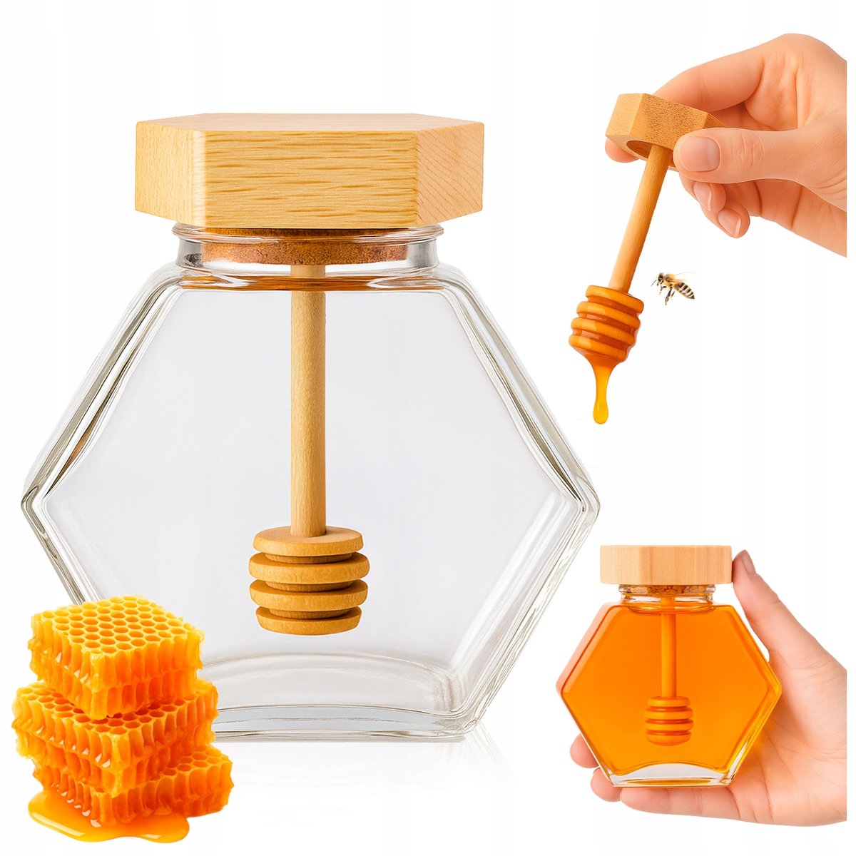 SZKLANY SŁOIK 220 ml SZEŚCIOKĄTNY + POKRYWKA z ŁYŻKĄ na PRZETWORY MIODY