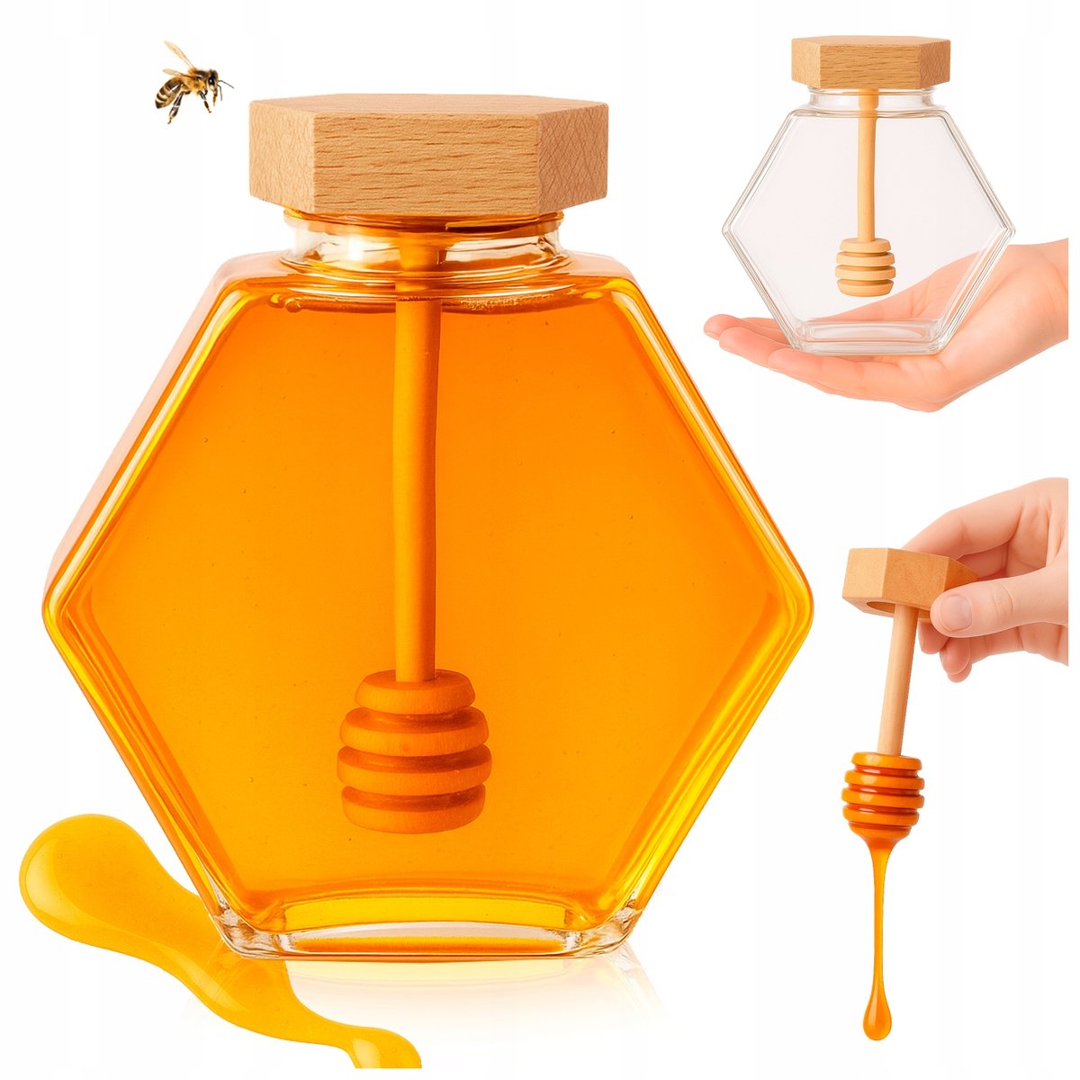 SZEŚCIOKĄTNY SZKLANY SŁOIK 380 ml + POKRYWKA BAMBUS z NABIERAKIEM na MIODY