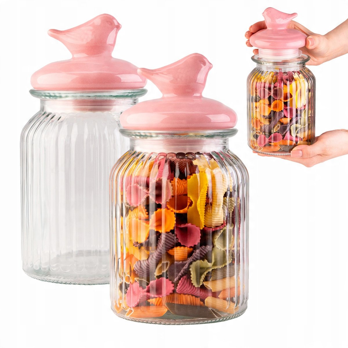 POJEMNIK SZKLANY NA ŻYWNOŚĆ SŁOIK 1L RYFLOWANY Z CERAMICZNĄ POKRYWKĄ PTAK