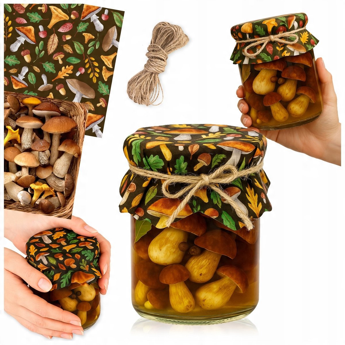 10x KAPTURKI NA SŁOIKI GRZYBY PRZETWORY SERWETKI NAKŁADKI BUTELKI + SZNUREK