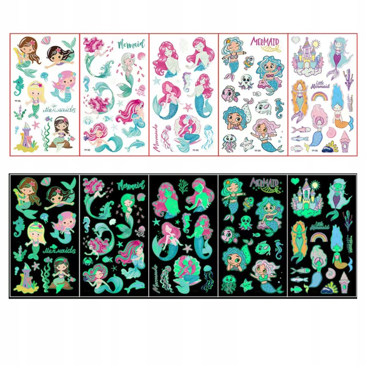 TATUAŻE DLA DZIECI ŚWIECĄCE W CIEMNOŚCI ZMYWALNE TRWAŁE SYRENKI A2 5 SZT