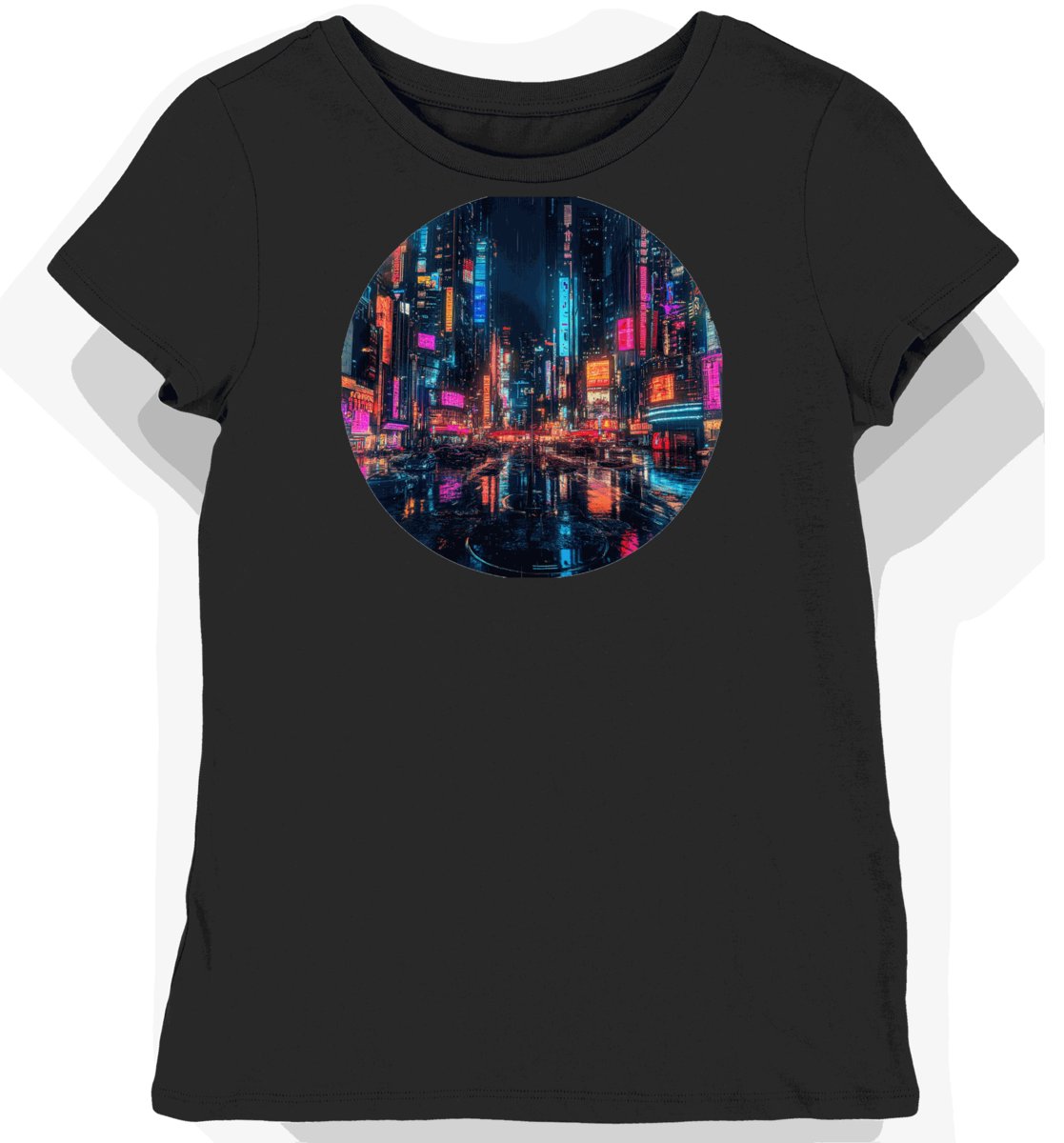 Koszulka damska czarna z nadrukiem neonowego miasta cyberpunk L