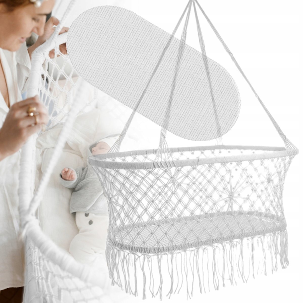 KOŁYSKA WISZĄCA ŁÓŻECZKO BOHO Z PODUSZKĄ MATERACEM KOSZ GONDOLA PREZENT