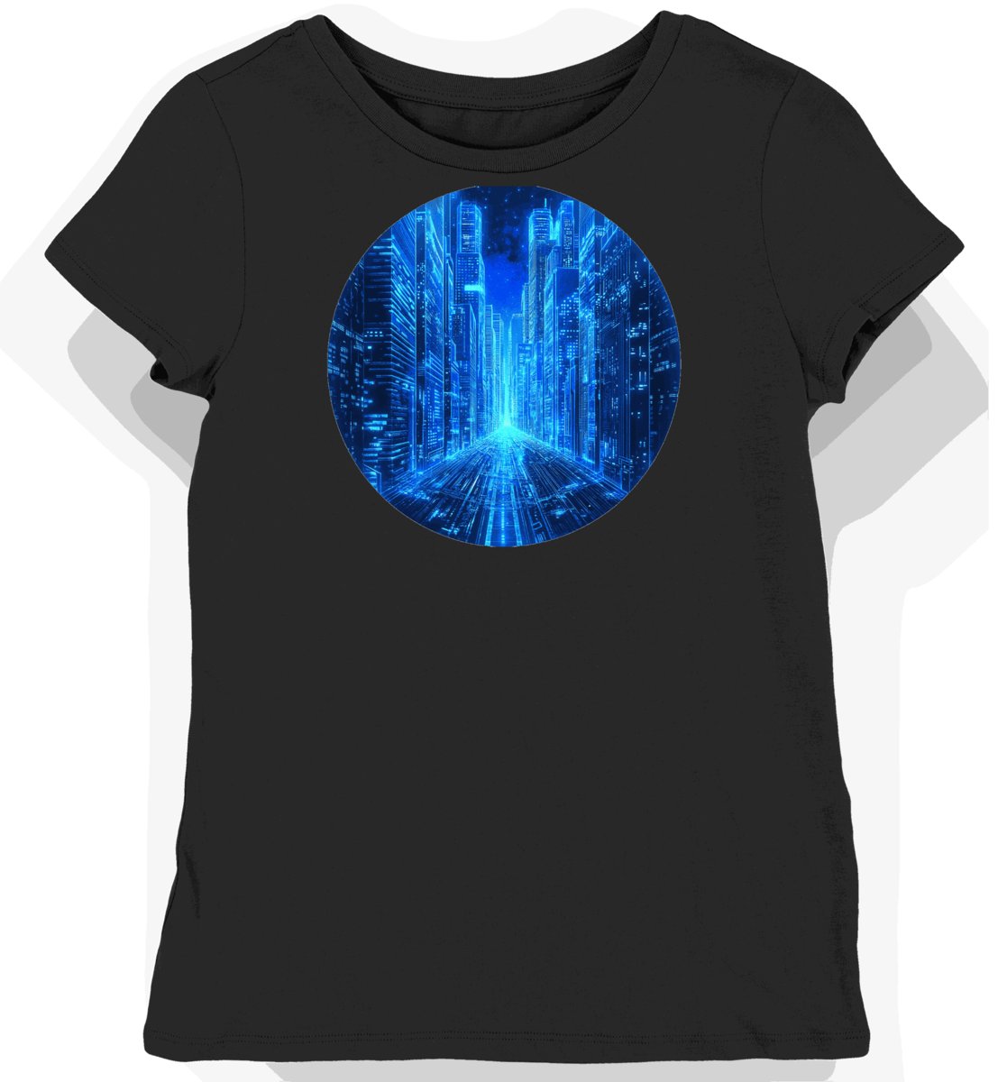 Koszulka damska czarna z nadrukiem neonowego miasta dla fanów cyberpunku XL