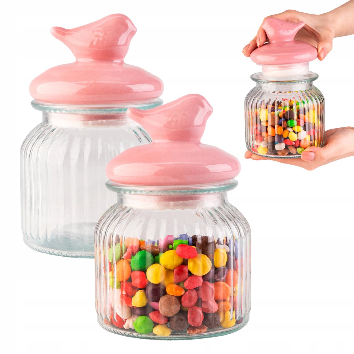 POJEMNIK SZKLANY NA ŻYWNOŚĆ 700 ML RYFLOWANY Z CERAMICZNĄ POKRYWKĄ PTAK