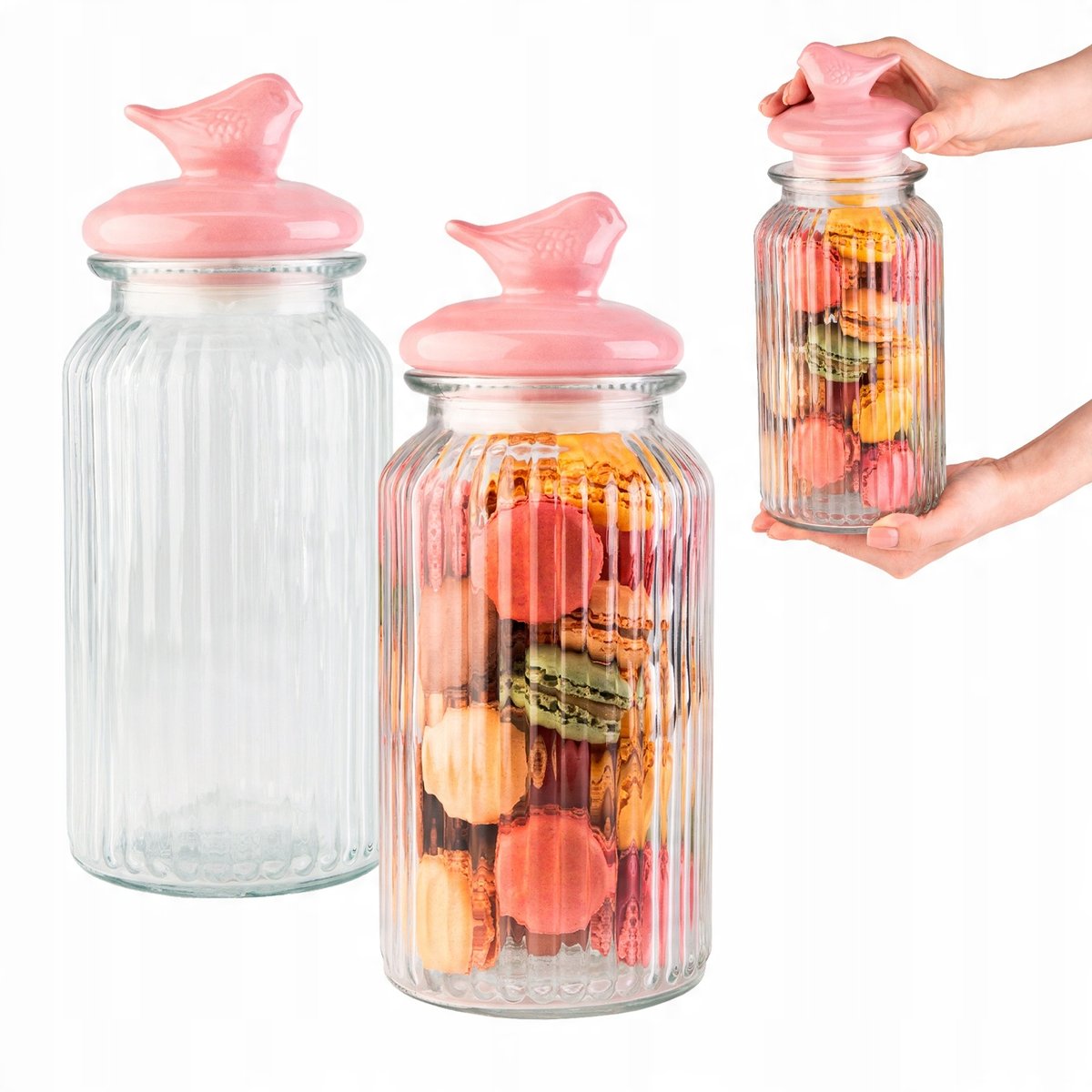 POJEMNIK SZKLANY NA ŻYWNOŚĆ SŁOIK OZDOBNY 1,45L RYFLOWANY Z POKRYWKĄ PTAK