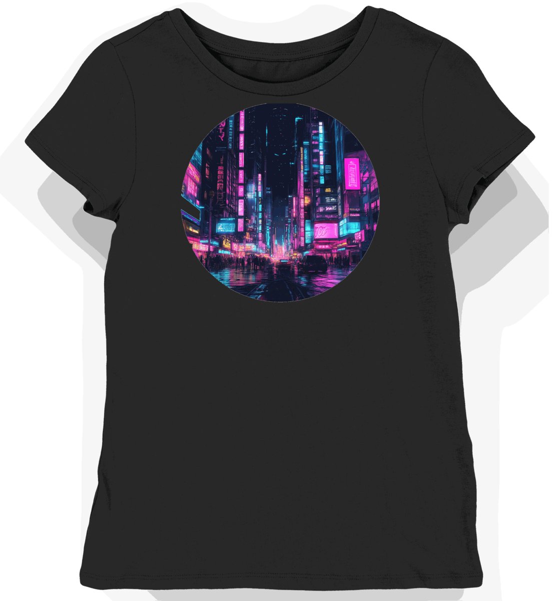 Koszulka damska czarna z nadrukiem neonowe miasta cyberpunk M