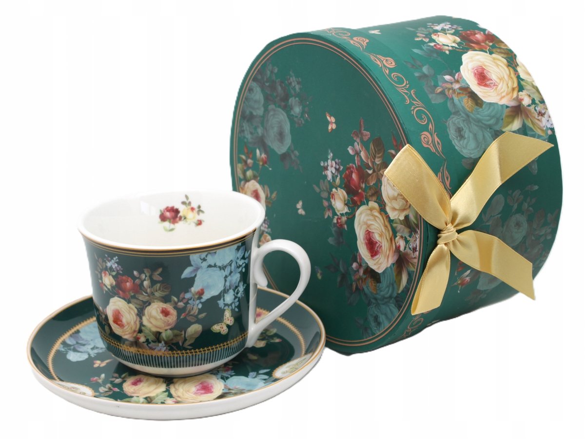 FILIŻANKA ZE SPODKIEM Porcelanowa Duża Kwiaty