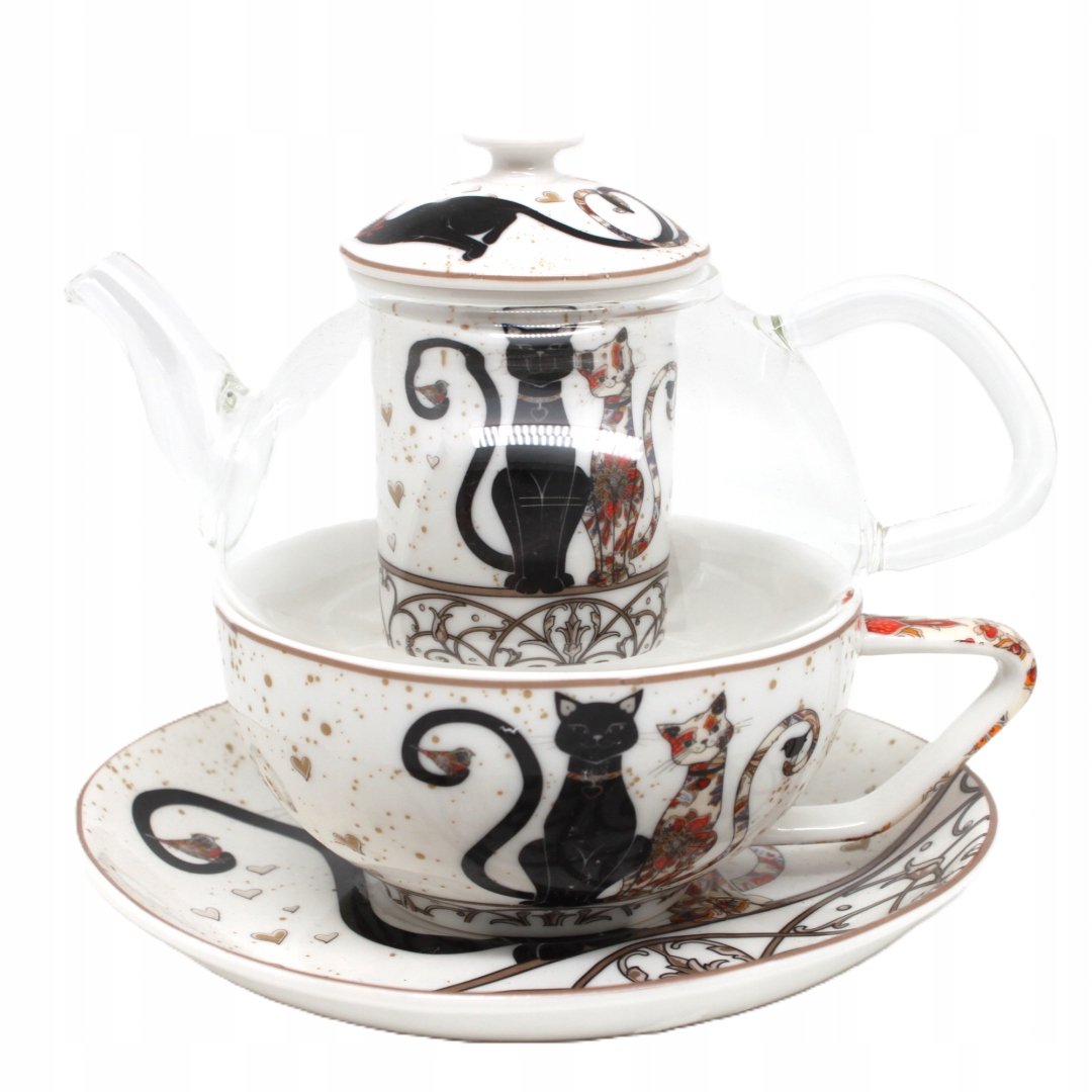 Tea For One Cat Collection Filiżanka Dzbanek Spodek Zaparzacz
