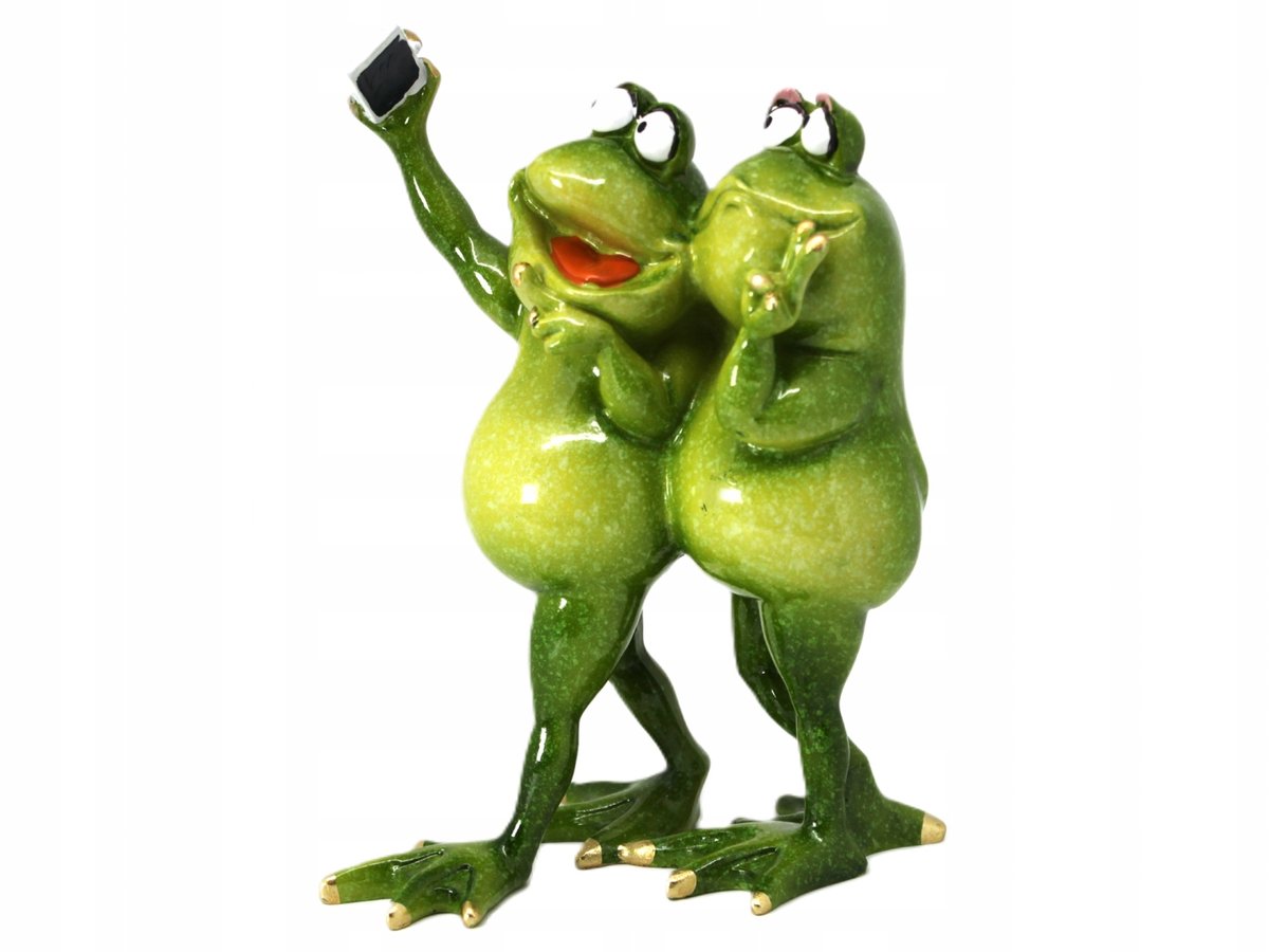 SUPER ŚMIESZNA FIGURKA DEKORACYJNA ZIELONE ŻABY Z TELEFONEM SELFIE