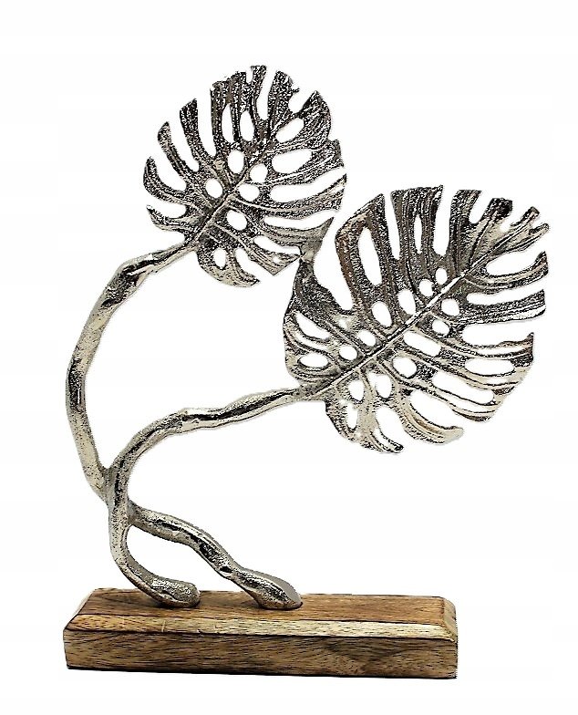 Figurka Dekoracyjna Metalowa Srebrna- Liście Monstery