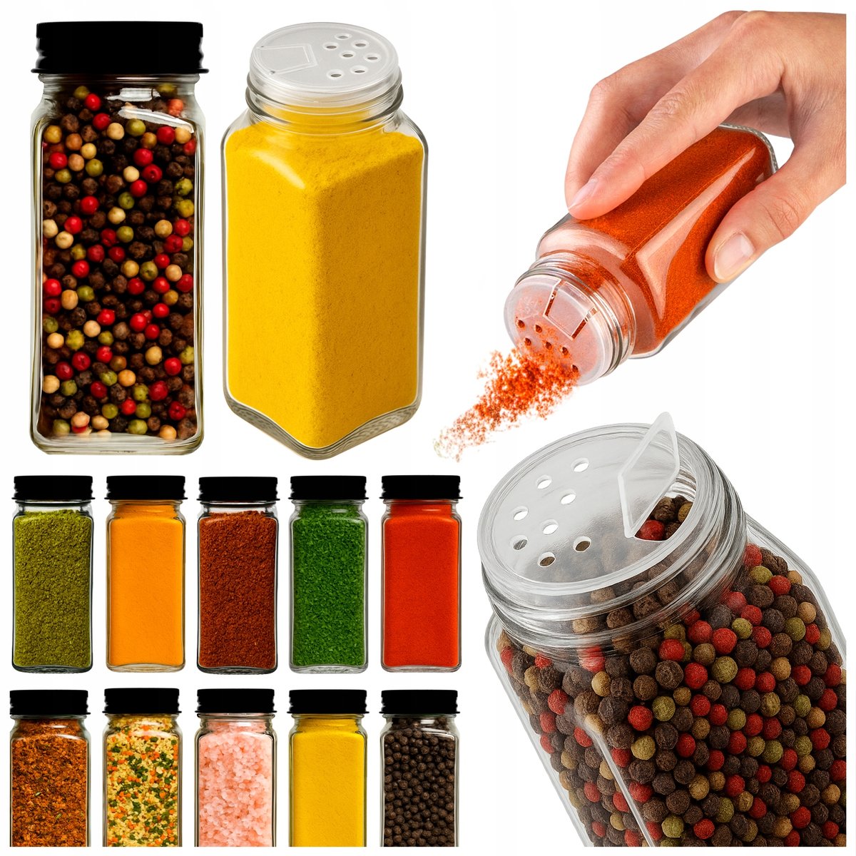 12x SZKLANE POJEMNIKI na PRZYPRAWY SŁOICZKI 120 ML PROSTOKĄTNE z SITKIEM