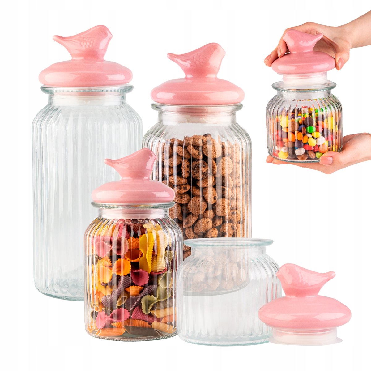 ZESTAW 4x POJEMNIKI SZKLANE SŁOIKI NA ŻYWNOŚĆ KAWĘ ORGANIZACJA KUCHNI PTAK