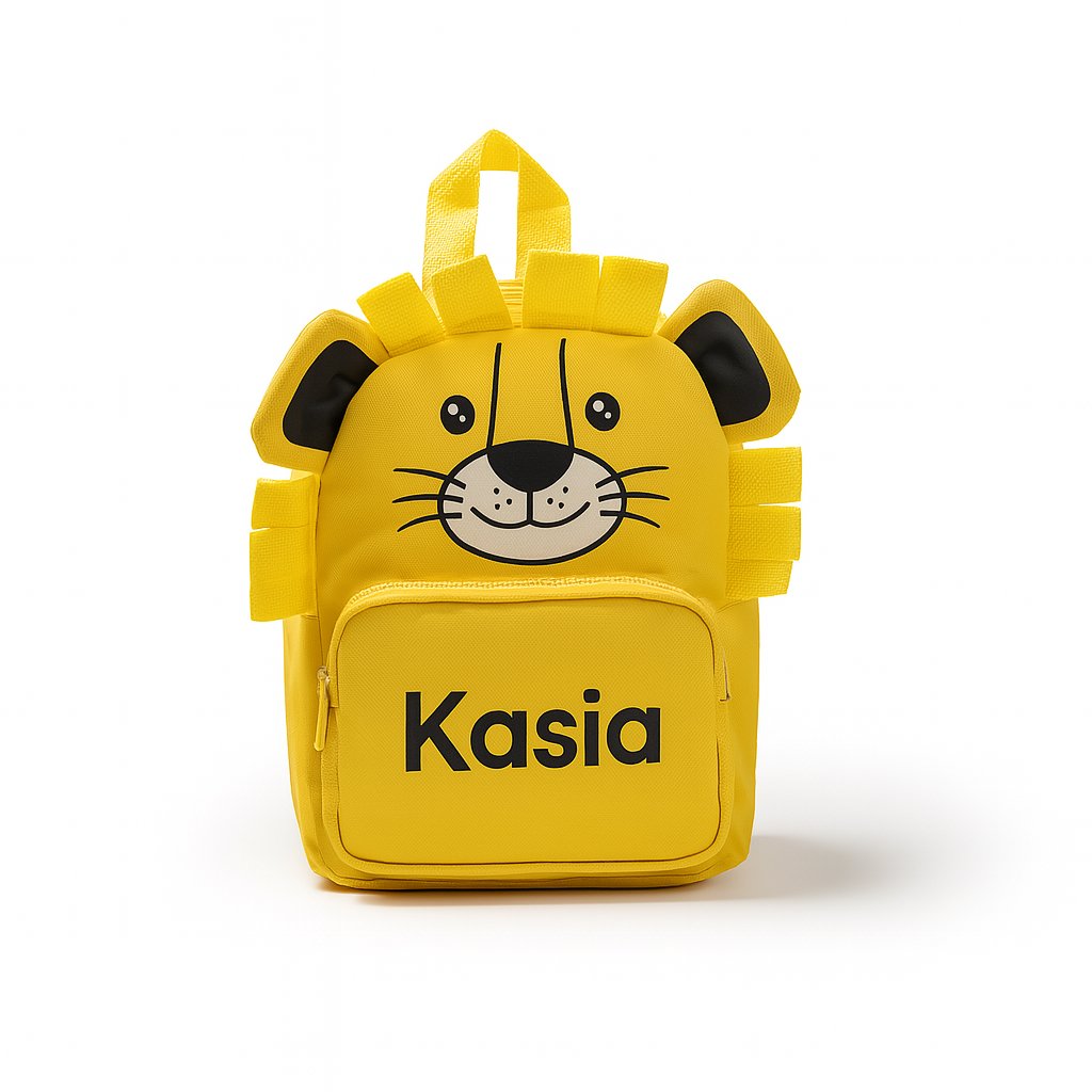 Plecak dziecięcy żółty z motywem lwa i imieniem personalizowany