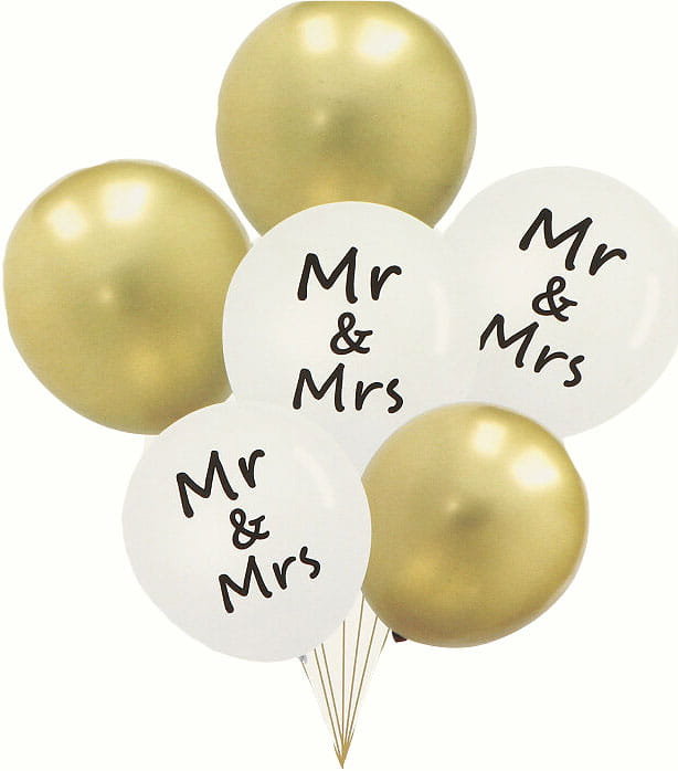 BALONY LATEKSOWE ŚLUBNE MR&MRS ZŁOTO BIAŁE 6SZT
