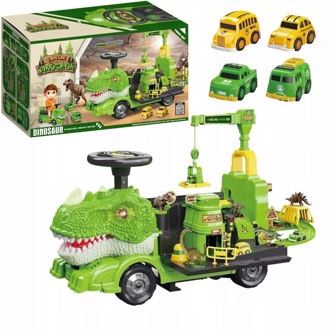 Jeździk 2w1 dinozaur + 4 autka rozkładany parking dźwig dźwięk ZH918