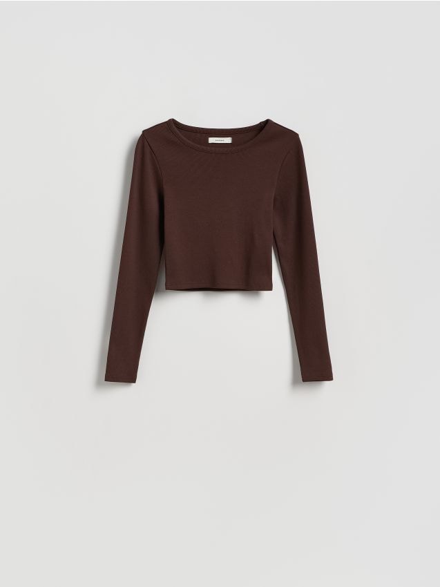 Reserved - Krótki bawełniany longsleeve - brązowy