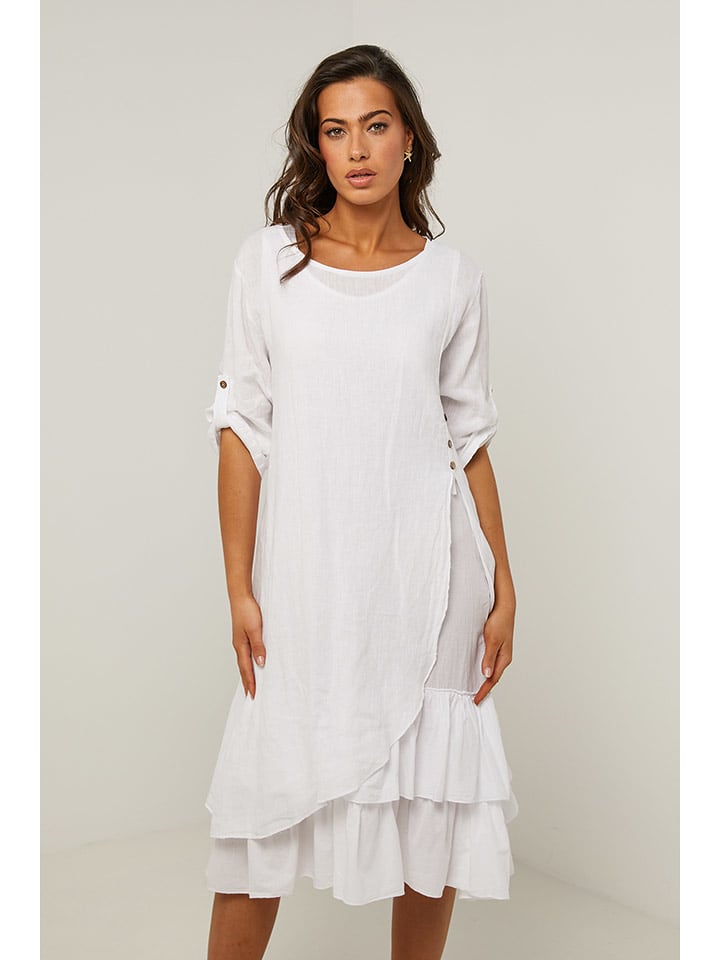 Le Monde du Lin Lniana sukienka w kolorze białym