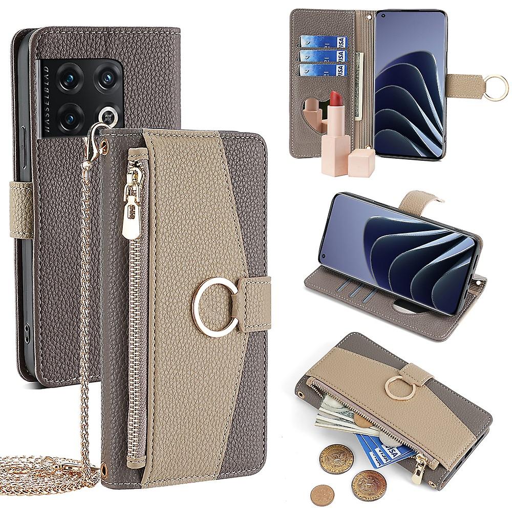 Dla OnePlus 10 Pro 5G Crossbody Portfel Etui PU Skórzana torebka na zamek błyskawiczny Pokrowiec na telefon Lusterko do makijażu - Szary Style B On...
