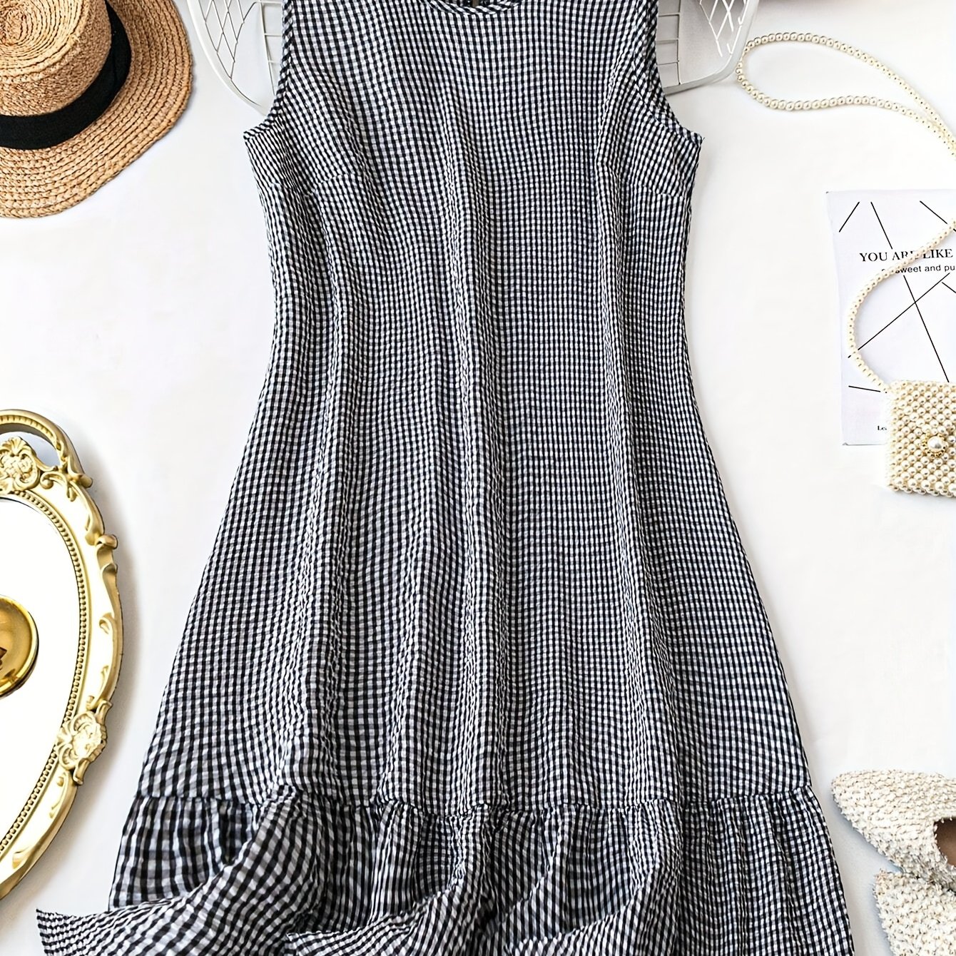 TEMU Elegancka czarno-biała sukienka bez rękawów w kratę dla kobiet - okrągły dekolt, falbanka, teksturowany materiał, idealna na wiosnę i